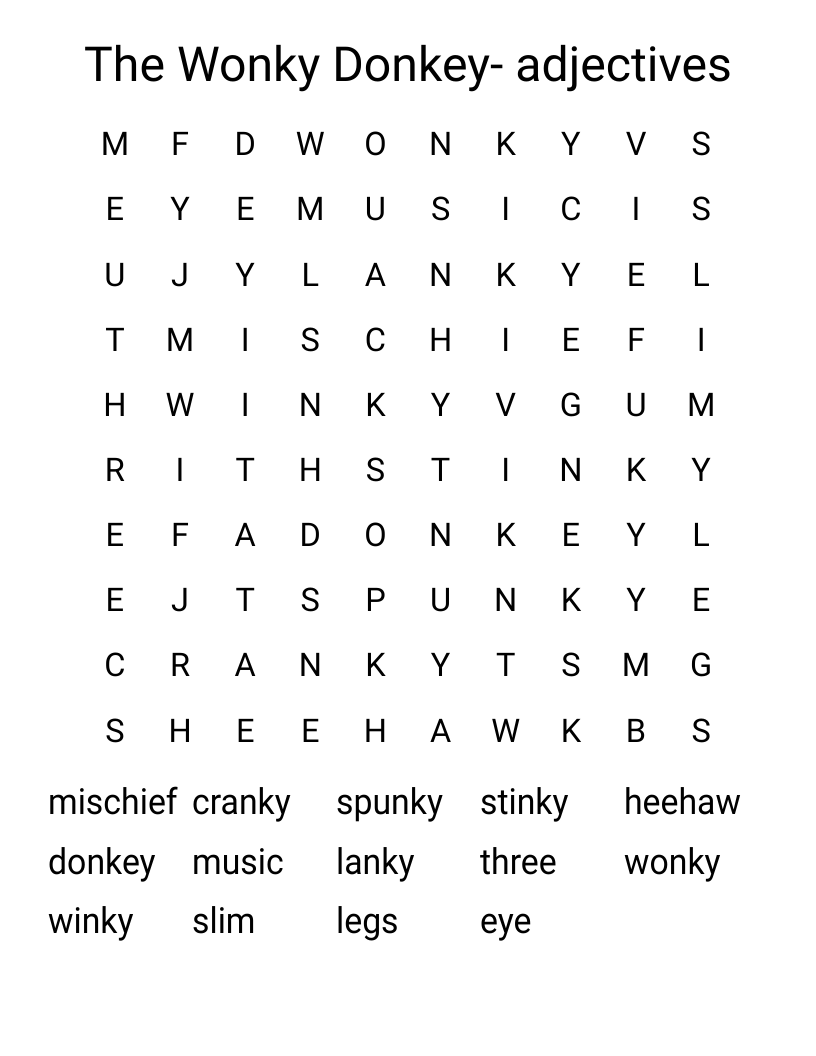 The Wonky Donkey Adjectives Word Search WordMint