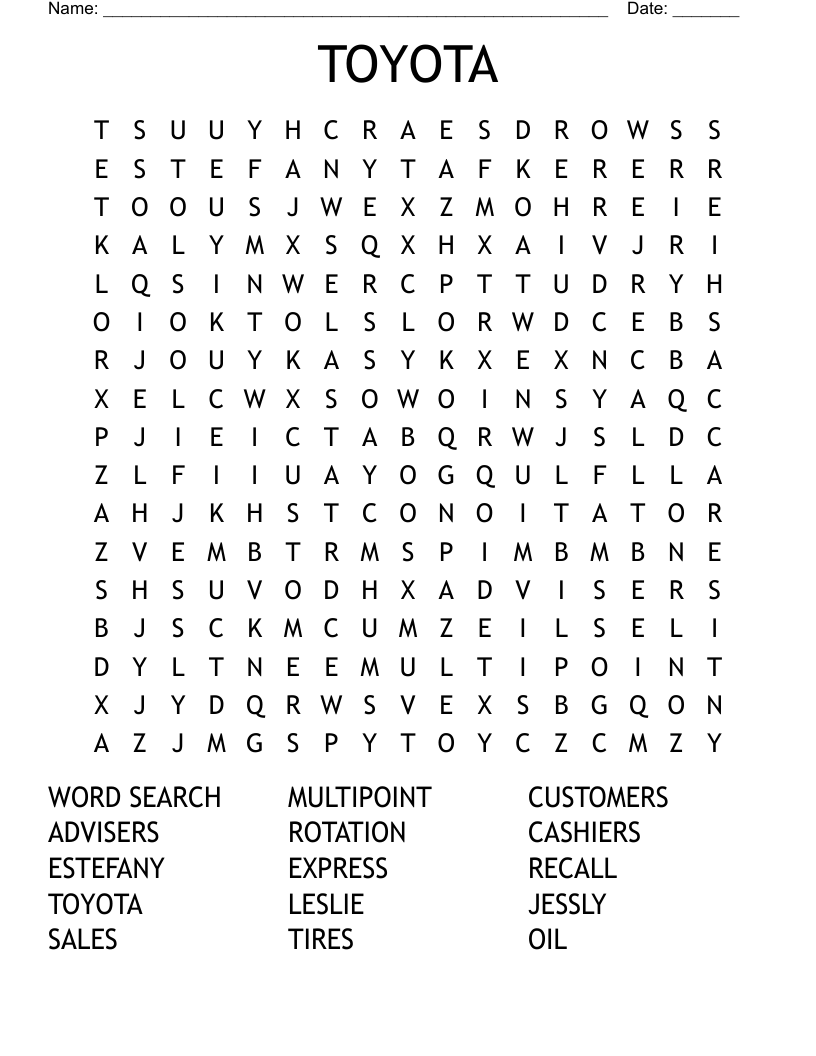 TOYOTA Word Search WordMint