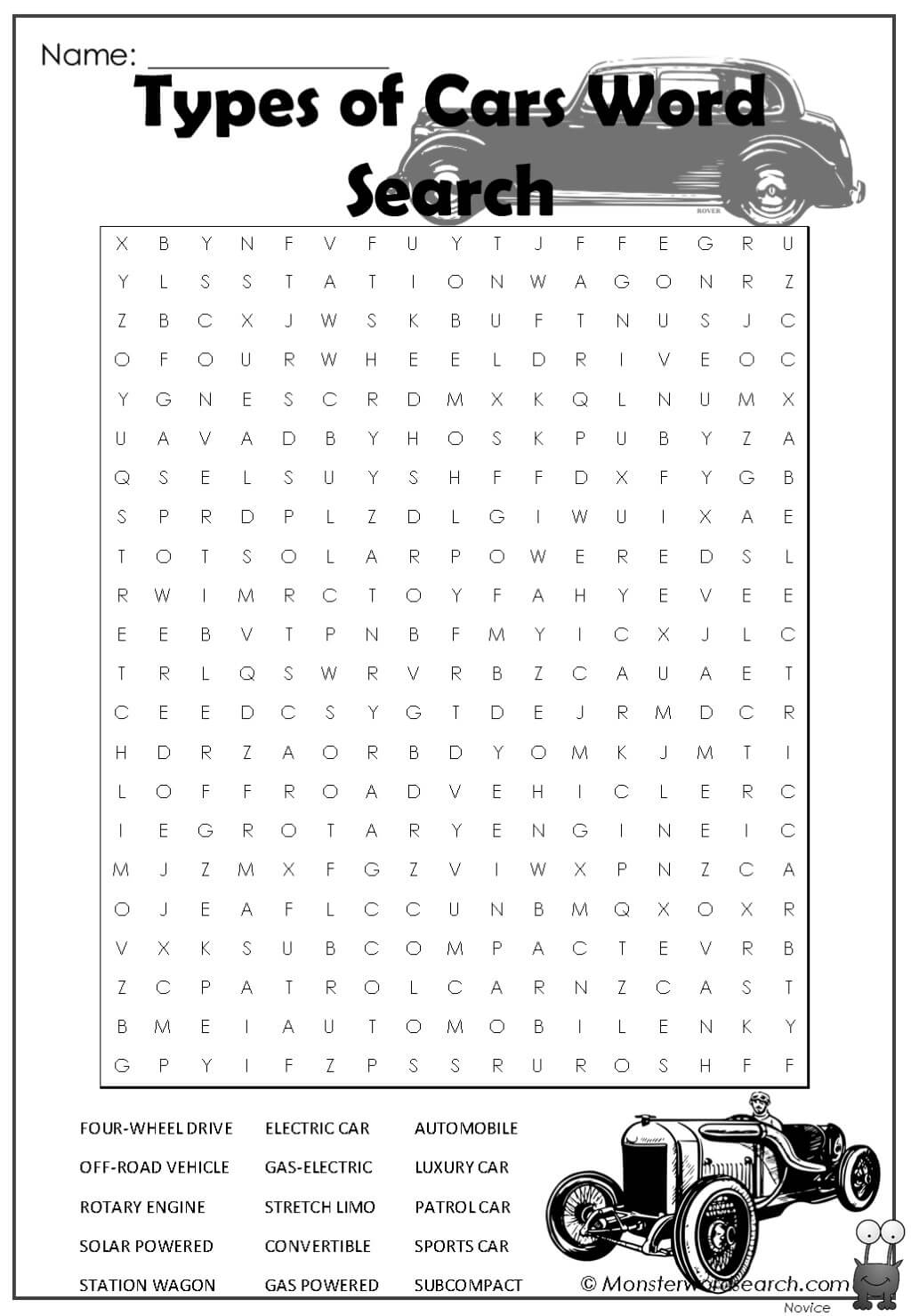 Types Of Cars Word Search Monster Word Search