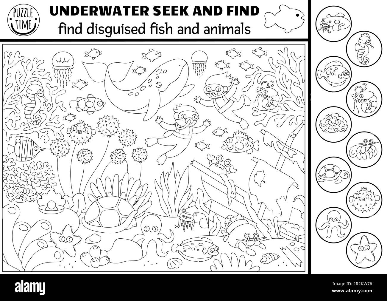 Under The Sea Black And White Seek And Find Game With Traditional Symbols Attention Skills Training Puzzle Ocean Printable Line Activity For Kids W Stock Vector Image Art Alamy