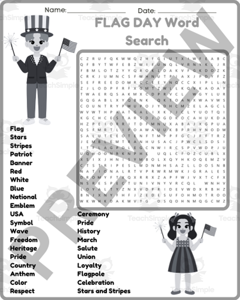 US FLAG DAY Word Search Puzzle Worksheet Activity By Teach Simple