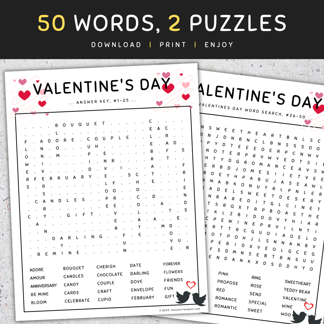 Valentine s Day Word Search Puzzle Worksheets Holiday Fun Activity Made By Teachers
