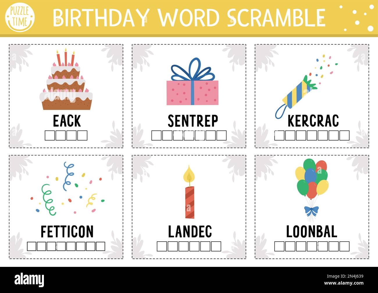 Vector Happy Birthday Word Scramble Activity Cards English Language Game With Cute Candle Balloons Cake For Kids Holiday Party Family Quiz Simple Stock Vector Image Art Alamy