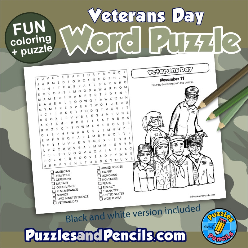 Veterans Day Word Search Puzzle Activity Page With Coloring Made By Teachers