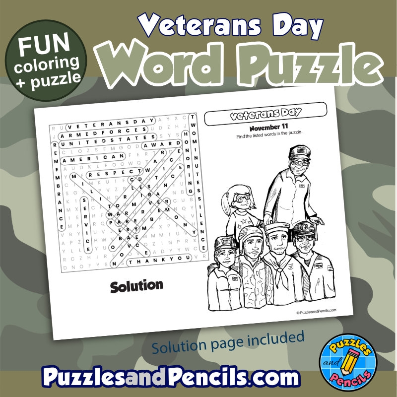 Veterans Day Word Search Puzzle Activity Page With Coloring Made By Teachers