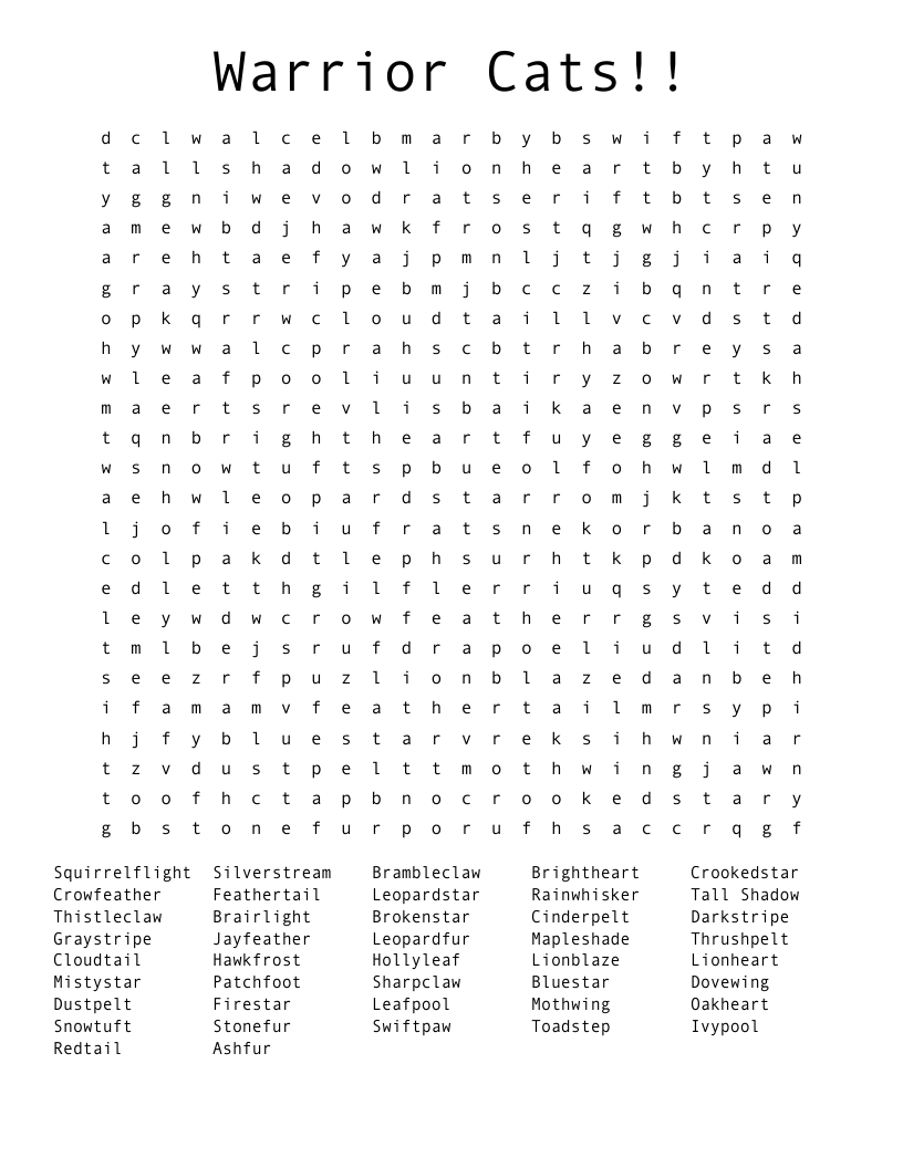 Warrior Cats Word Search WordMint