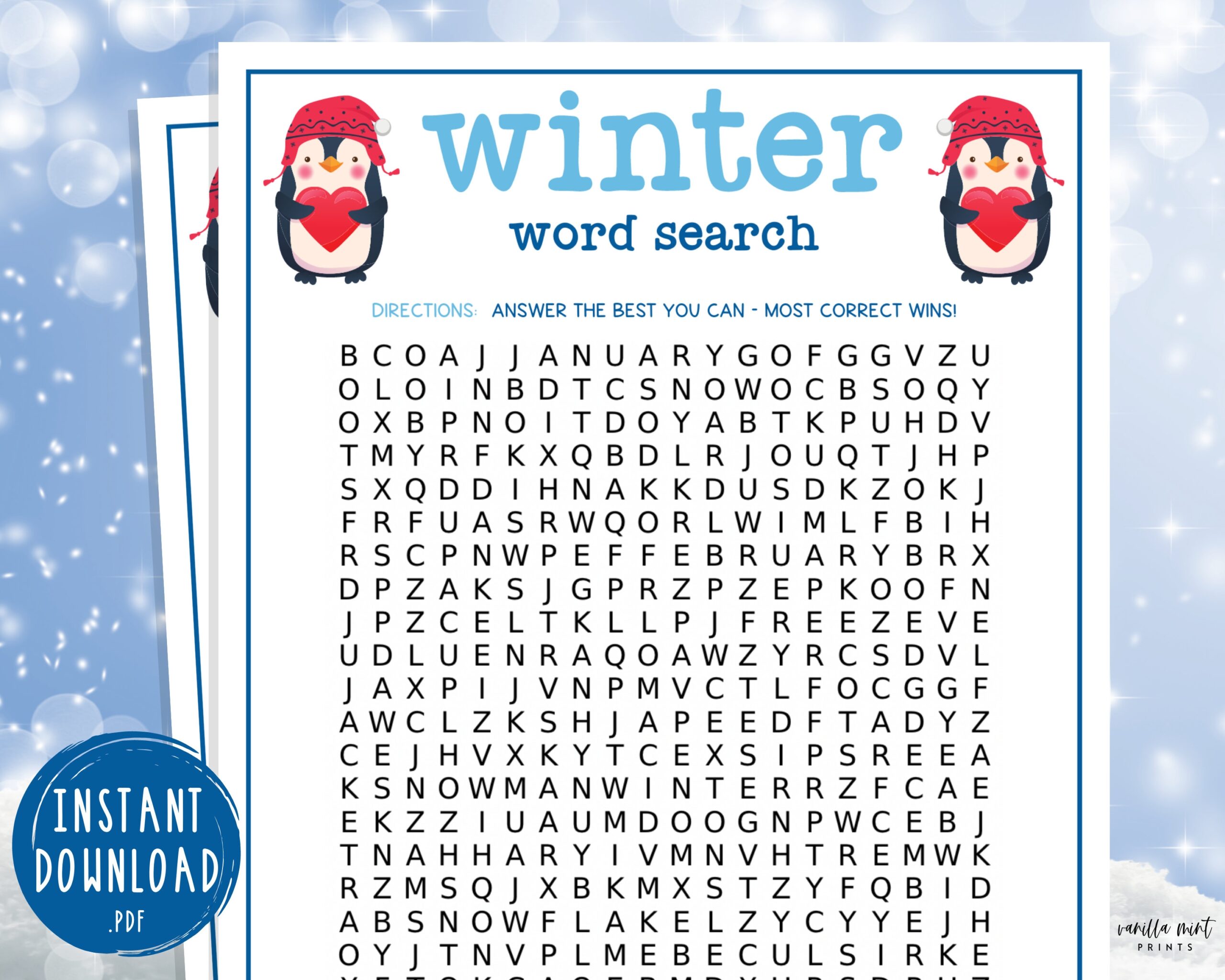Winter Word Search Game Fun Printable Winter Games Wintertime Activities For Adults U0026 Kids Holiday Christmas Cold Weather Activity Etsy