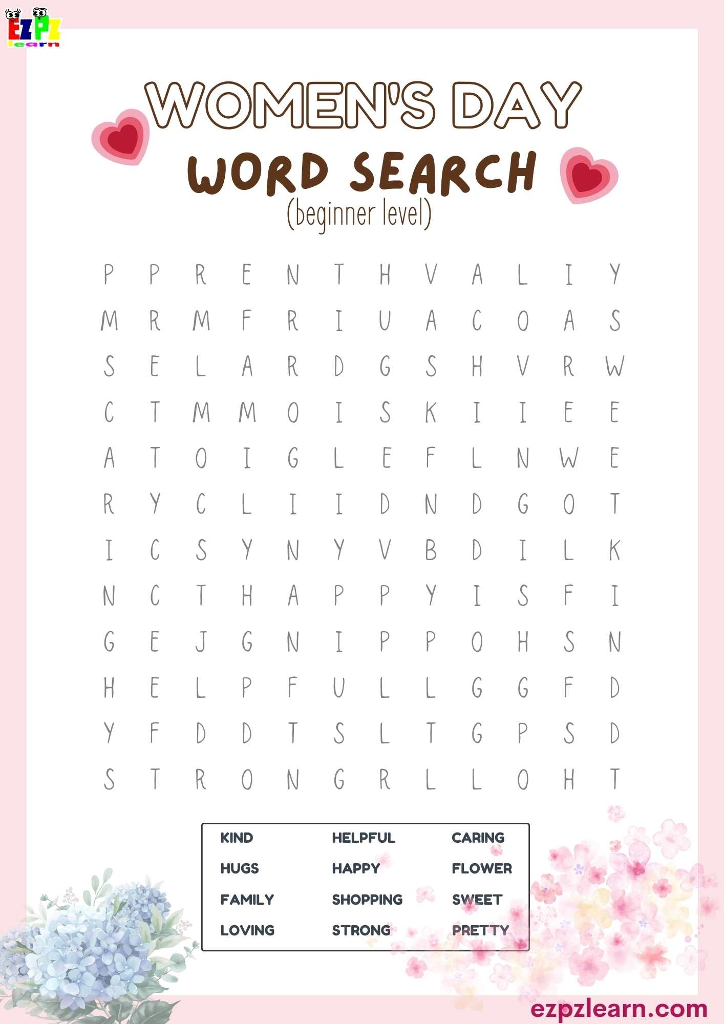 Women s Day Word Search Easy Words For Kids Pdf Ezpzlearn