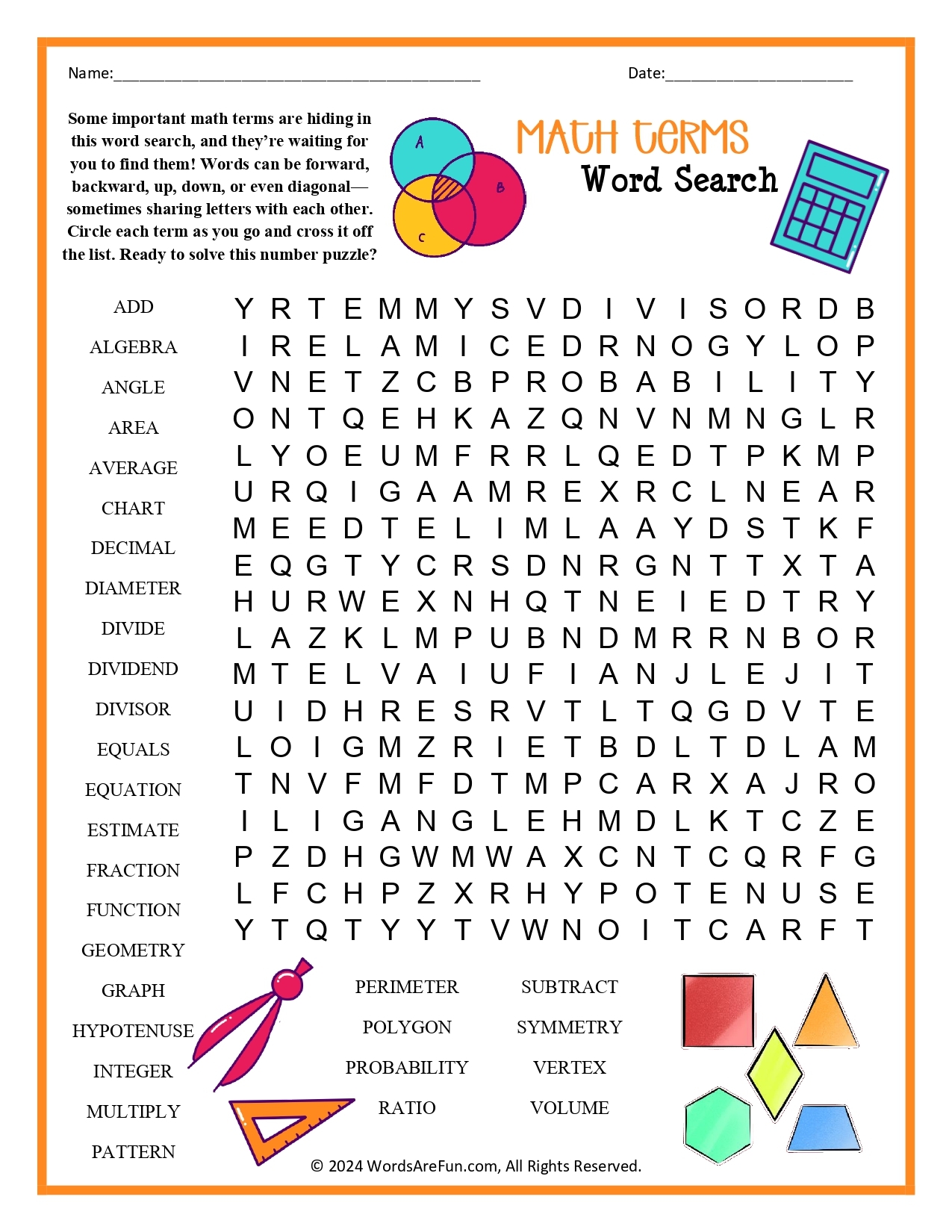 Word Search Math Terms Answers