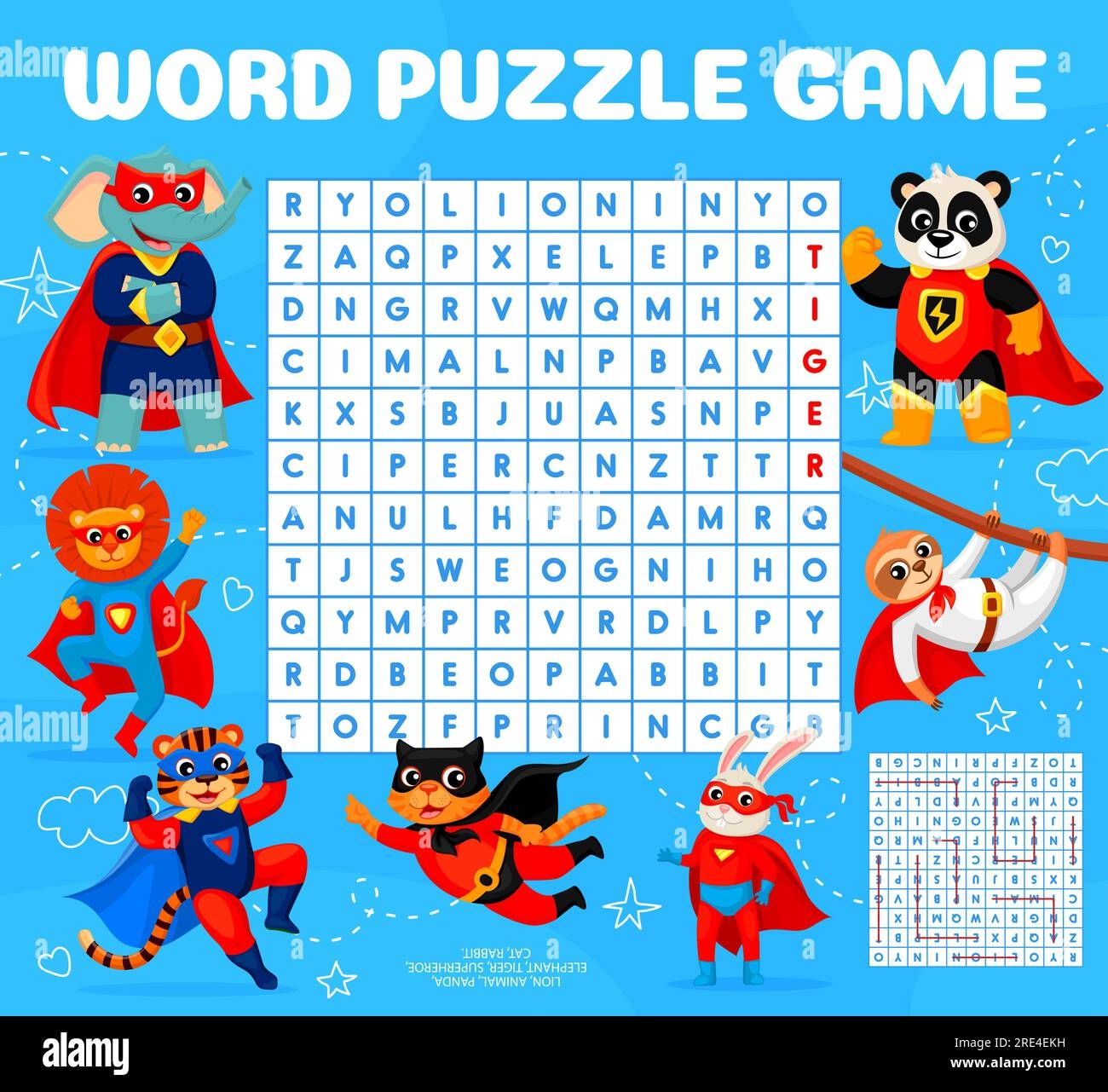 Word Search Puzzle Game Superhero Cartoon Animal Characters Vector Worksheet Of Riddle Quiz Or Find Word Game Kids Puzzle With Funny Cat Lion Bunny Panda And Elephant In Super Hero Masks Capes