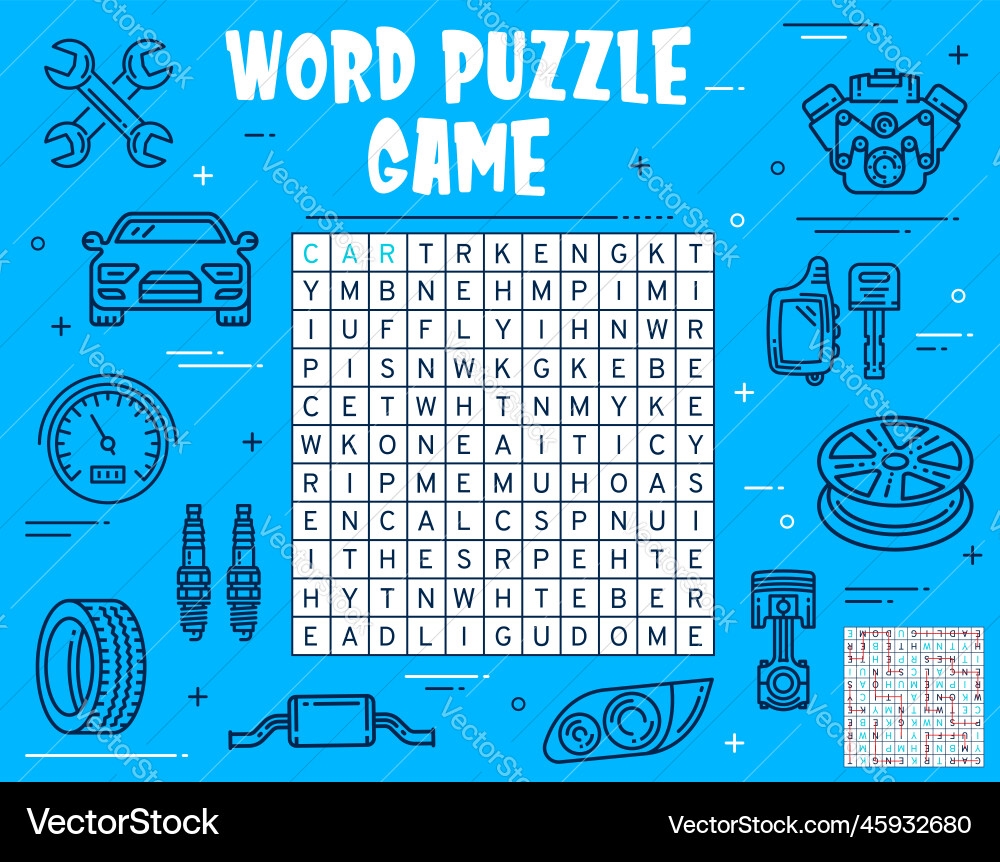 Word Search Puzzle Game With Car Spare Parts Vector Image