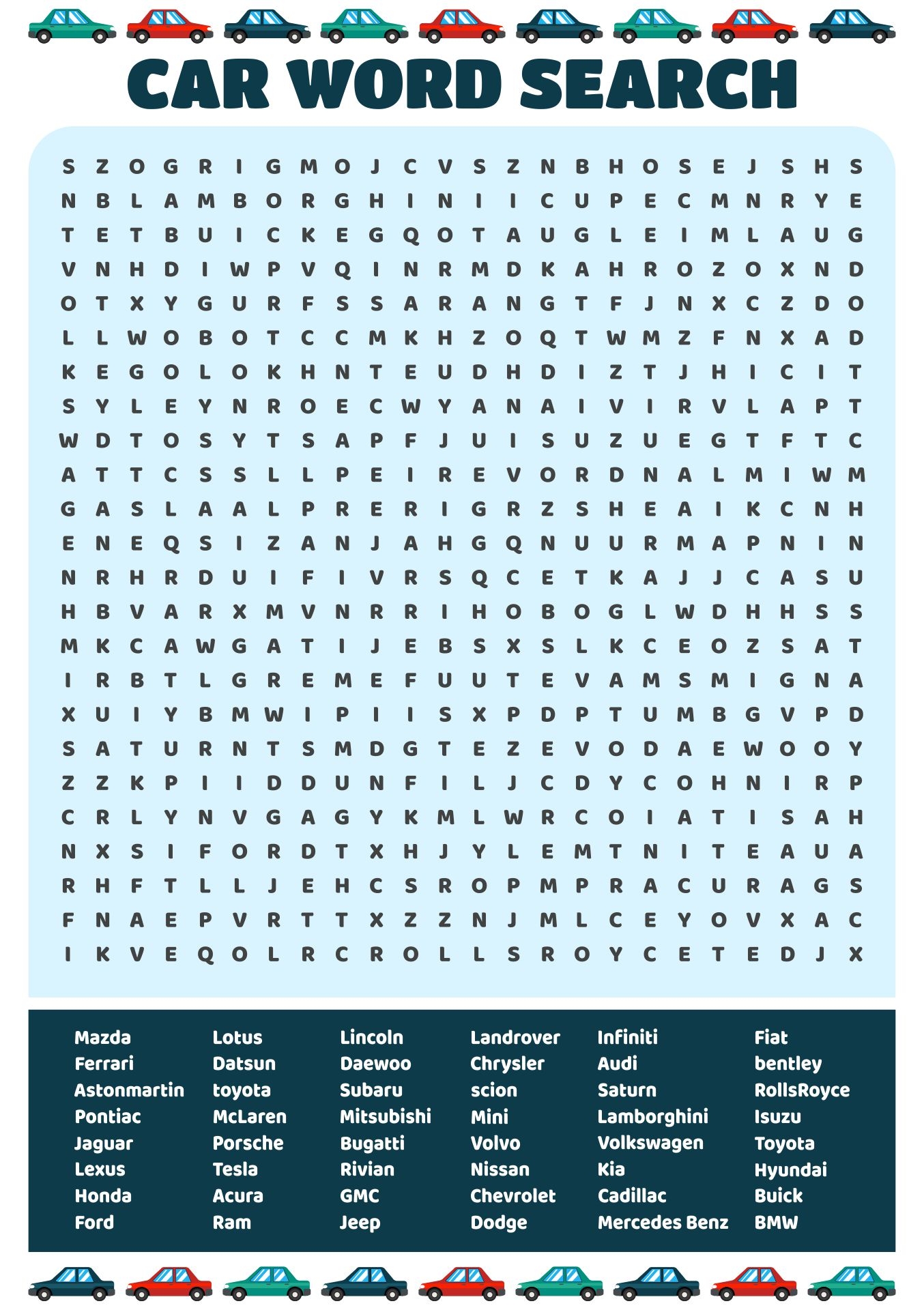 Word Searches Cars 10 Free PDF Printables Printablee