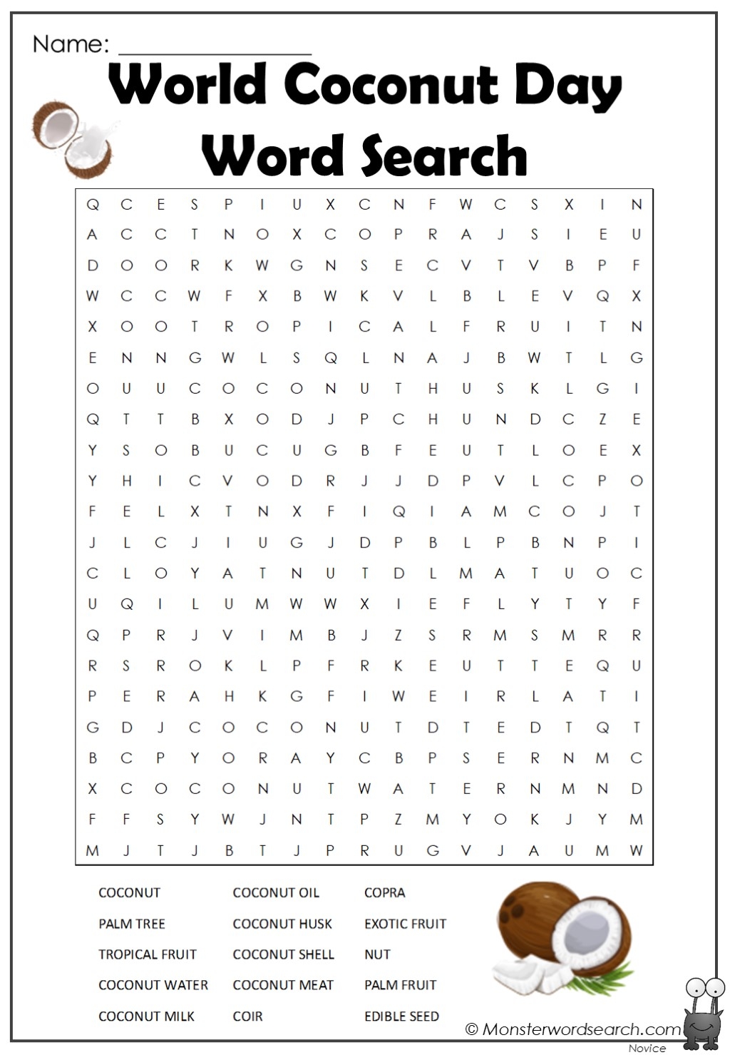 World Coconut Day Word Search Monster Word Search