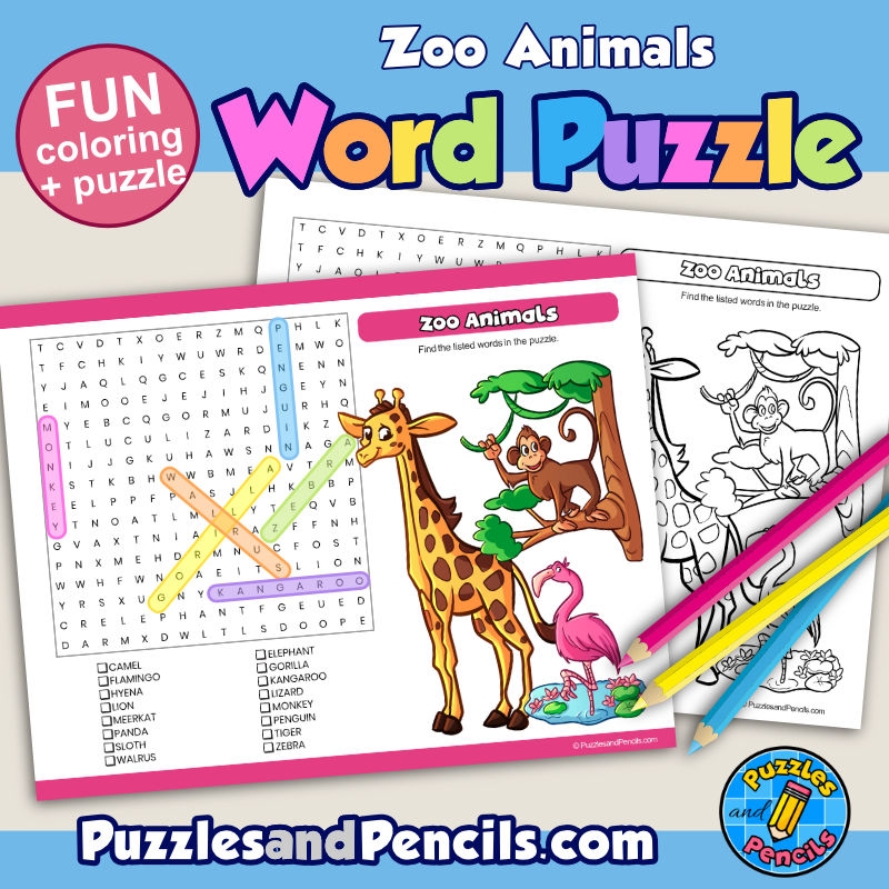 Zoo Animals Word Search Puzzle Activity Page And Coloring Wordsearch Made By Teachers
