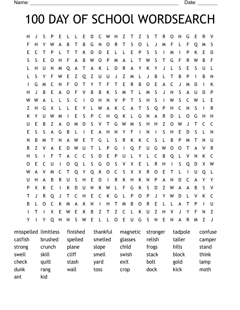 100 day of school wordsearch wordmint