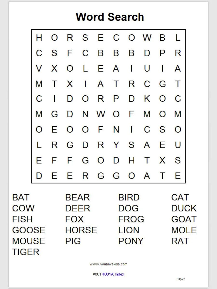 100 printable grade 1 animals word searches with answers etsy