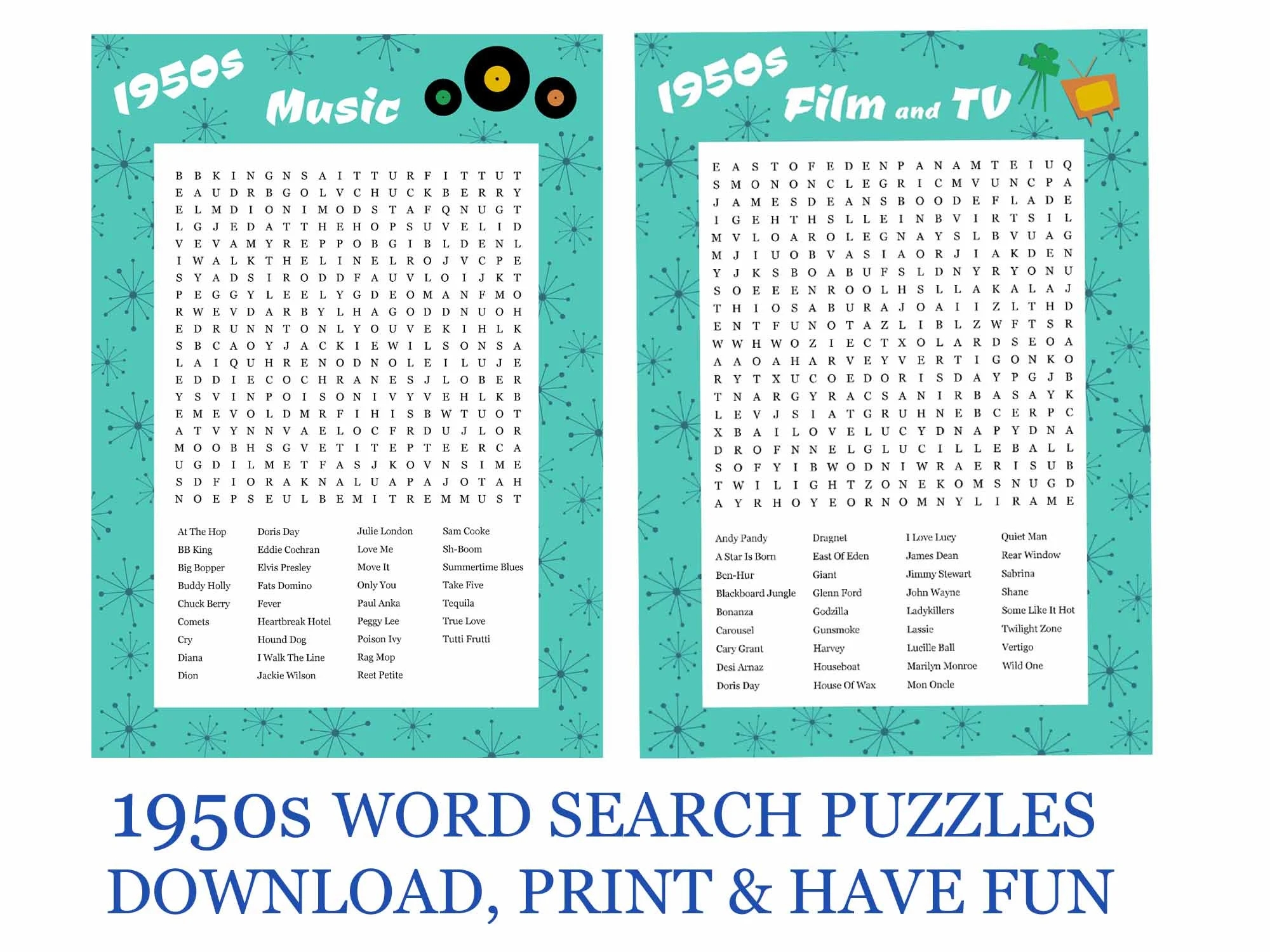 1950s Printable Word Search Puzzles Music Film TV Ideal Birthday Gift 50s Theme Nights Seniors Memory Aid Fun And Colourful 2 Pdfs Etsy