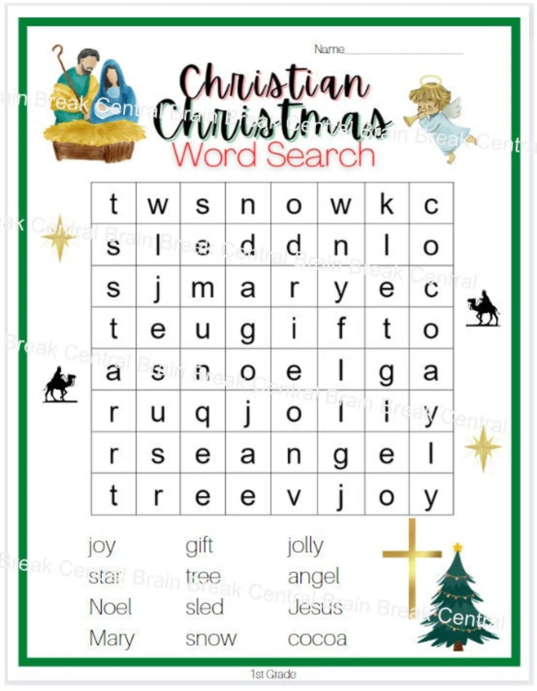 1st grade christian christmas word search with answer key printable etsy