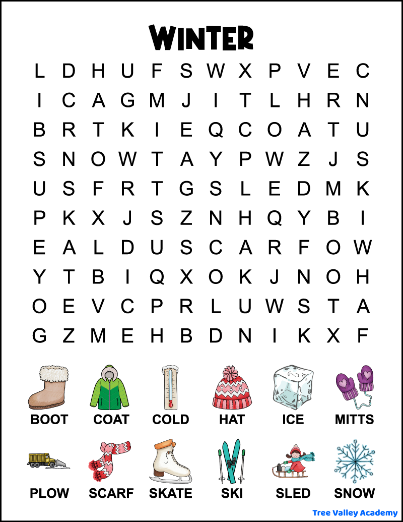 1st grade winter word search tree valley academy