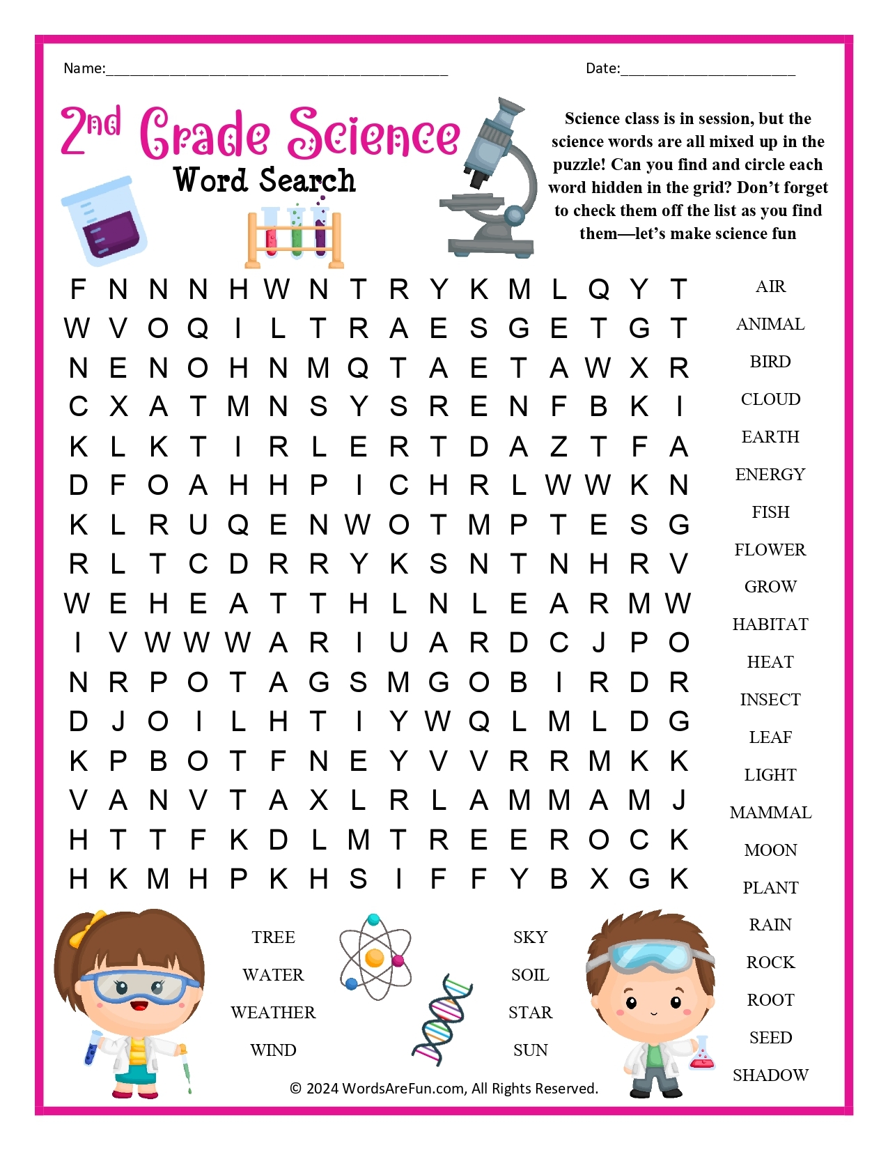 2nd grade science word search 2nd grade science word search