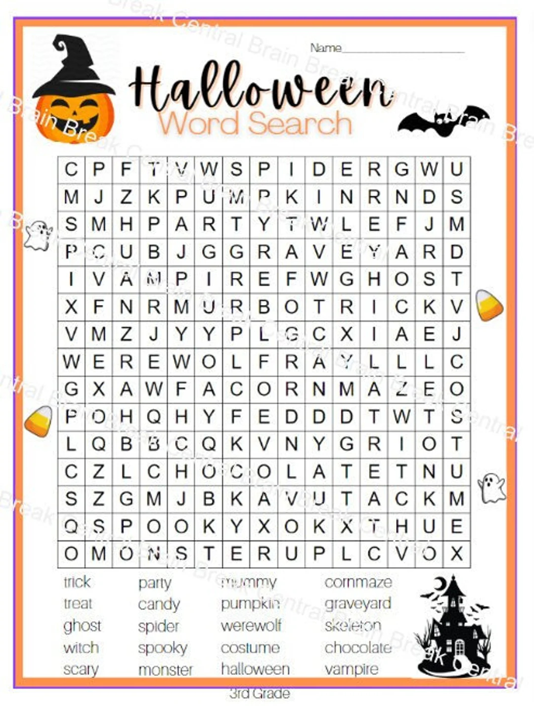 3rd grade halloween word search with answer key etsy
