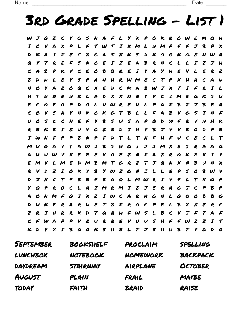 Word Search For 3rd Graders Printable