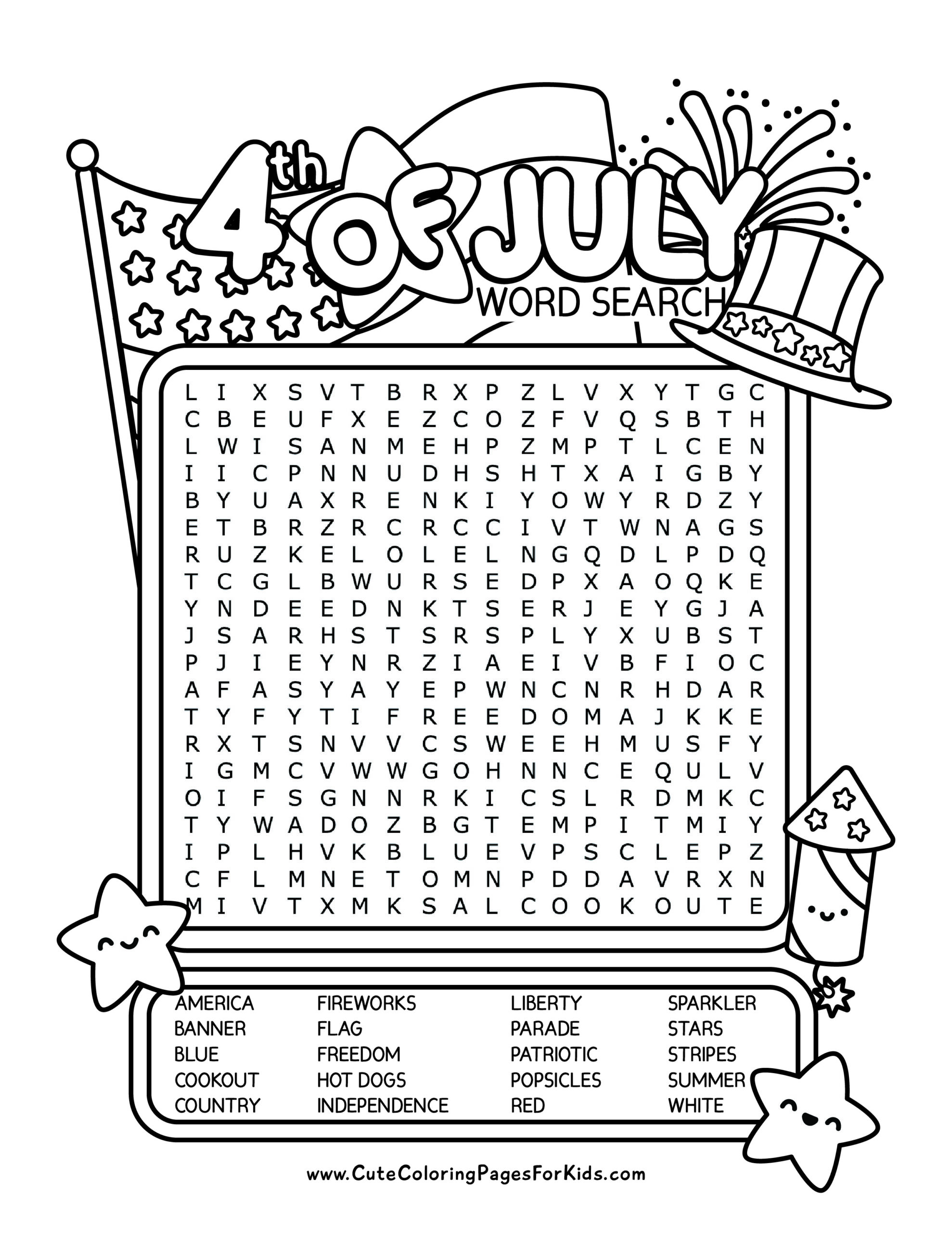 4th of july word search free printable activity for kids cute coloring pages for kids