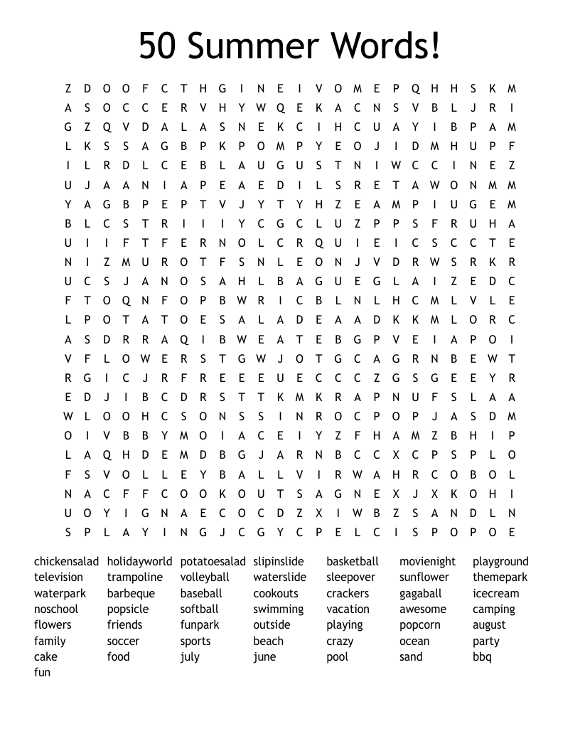 50 Summer Words Word Search WordMint