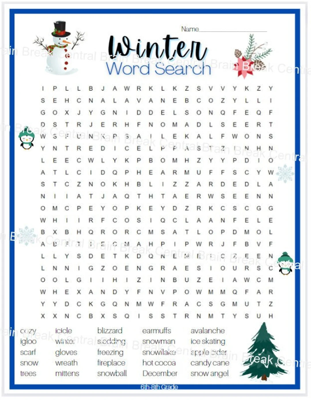 6th 8th grade winter word search with answer key printable etsy