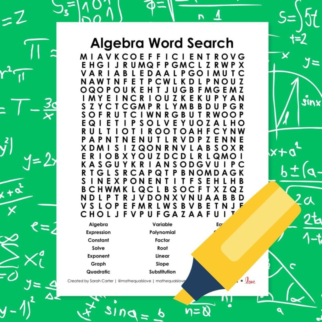 algebra word search puzzle math love
