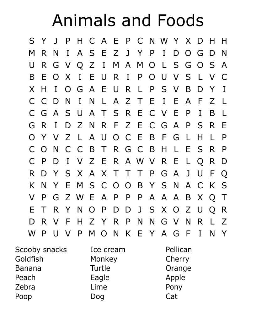 Animals And Foods Word Search WordMint