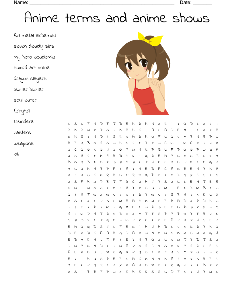 Anime Terms And Anime Shows Word Search WordMint