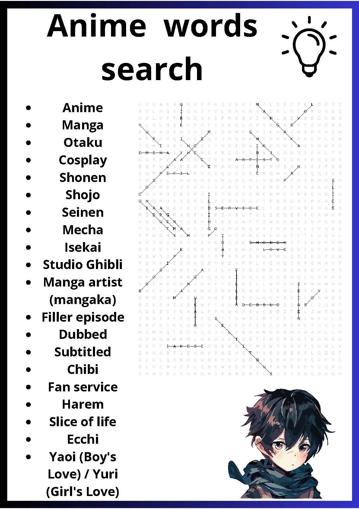 Anime Words Search Puzzles Worksheets Activity By Owl Puzzles TPT
