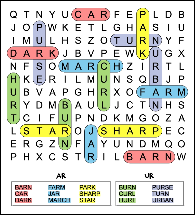 AR UR Bossy R Word Search For Kids Tree Valley Academy