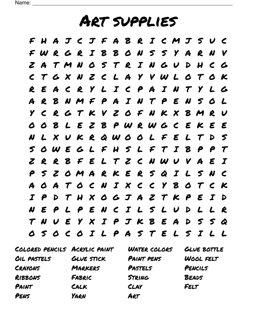 Art Supplies Word Search WordMint