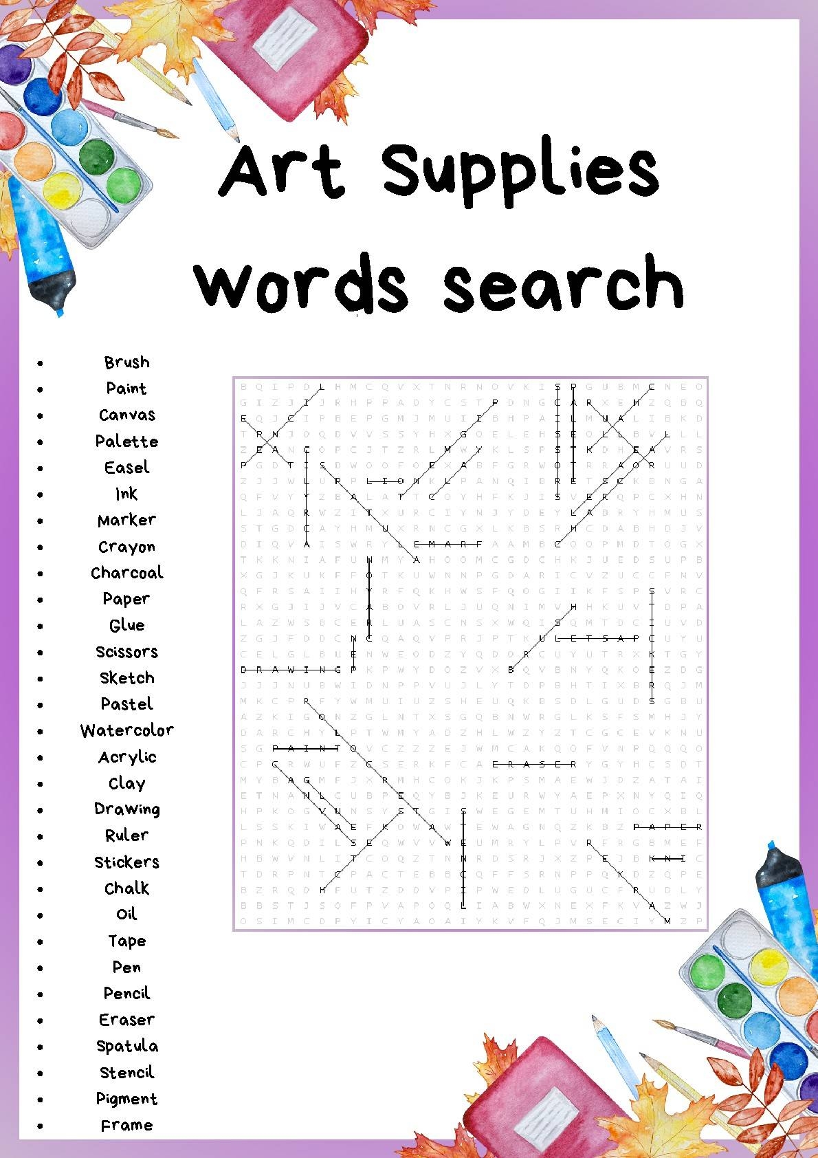 Art Supplies Words Search Puzzles Worksheets Activity For Crithical Thinking