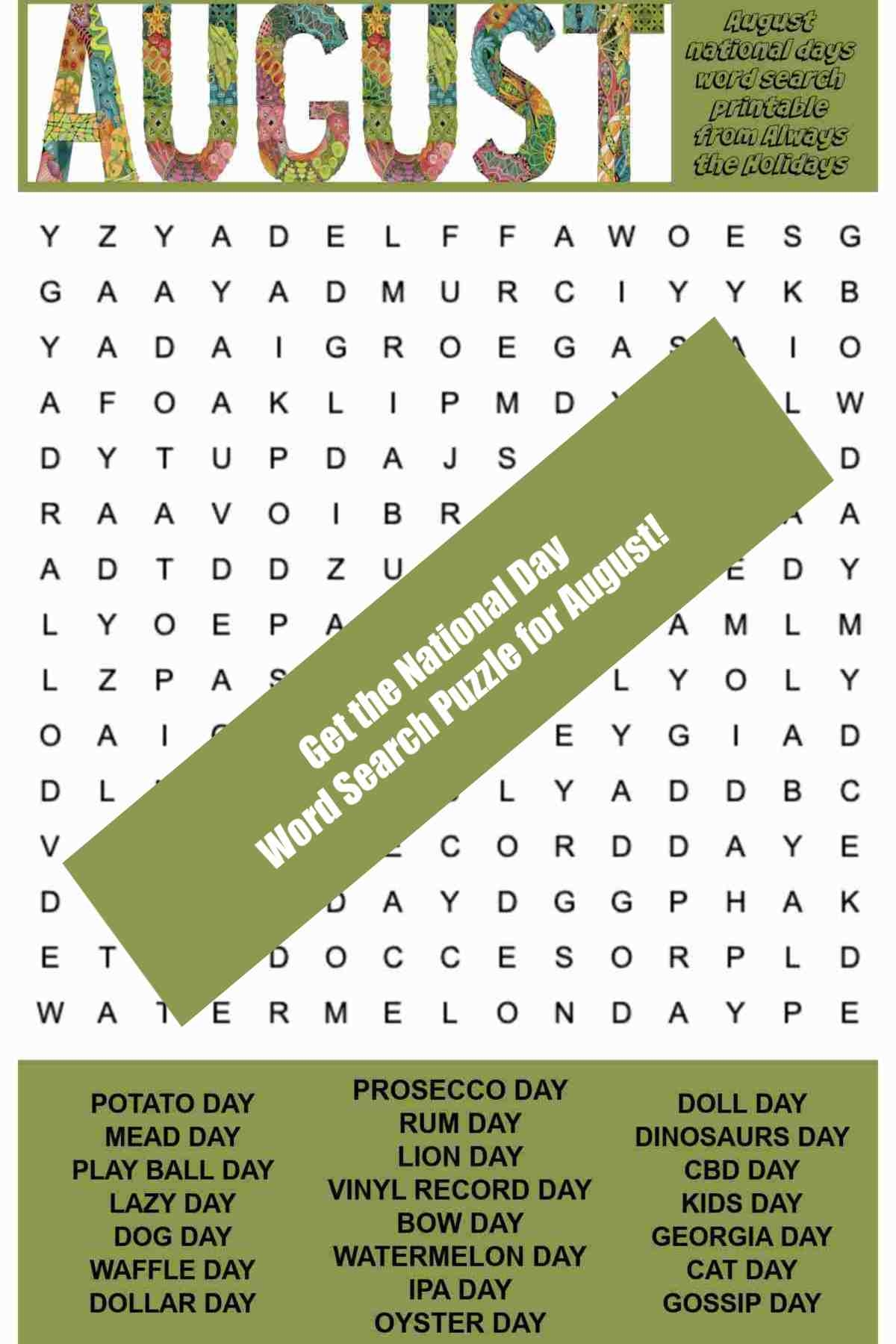 August Word Search Printable National Days Word Find Puzzle