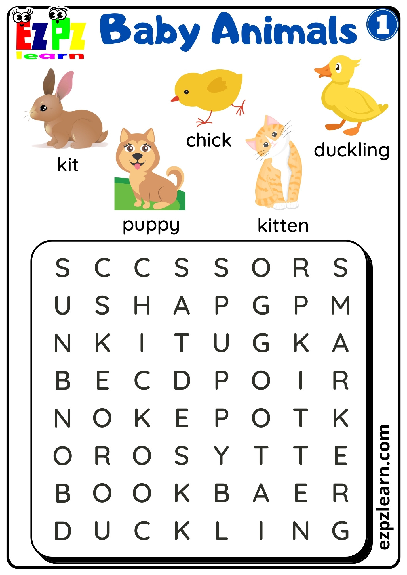 baby animals word search worksheet for english language learners and kindergarten students free download ezpzlearn