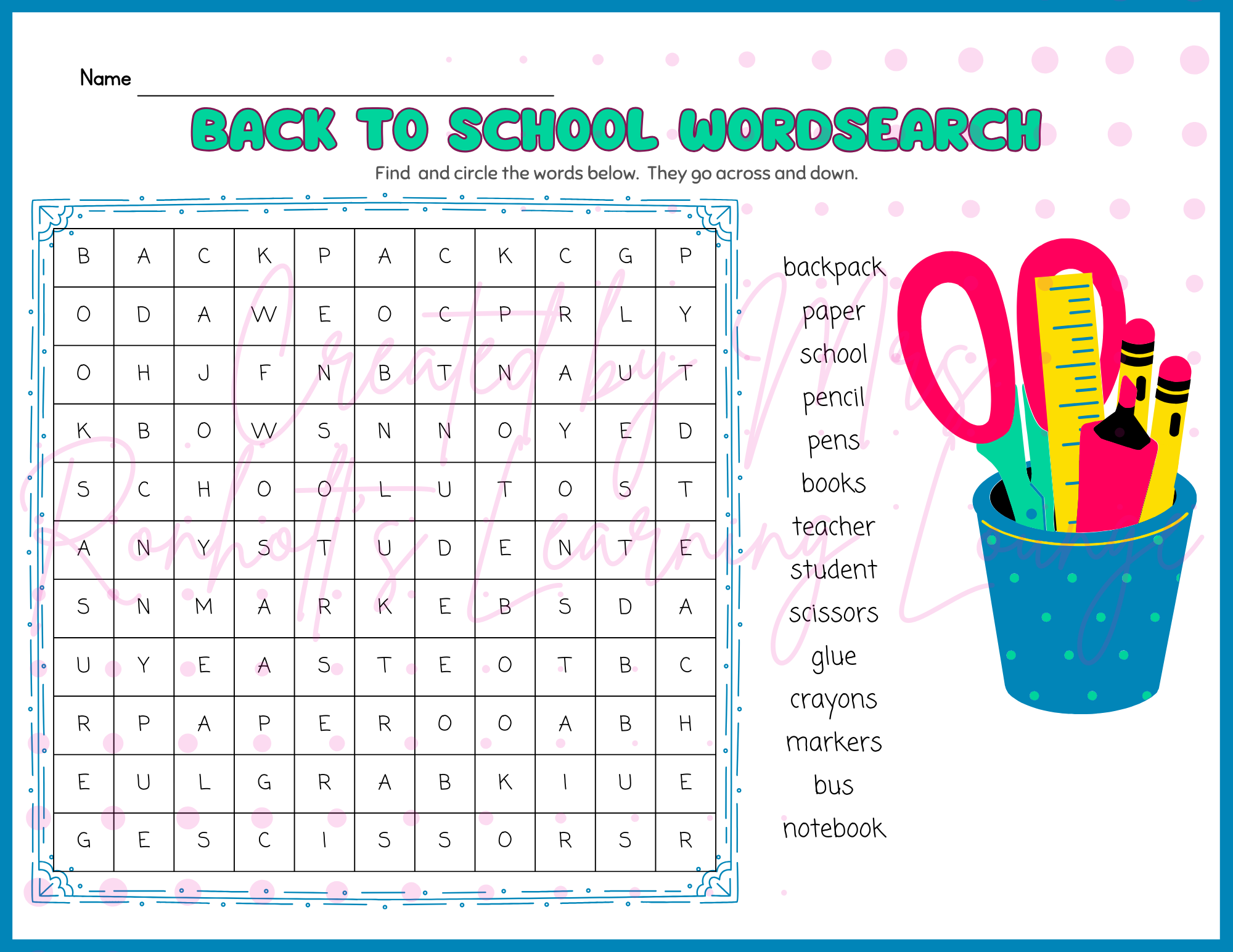 Back To School Word Search For Elementary Age Students Print And Go Black And White Color Printing Classful