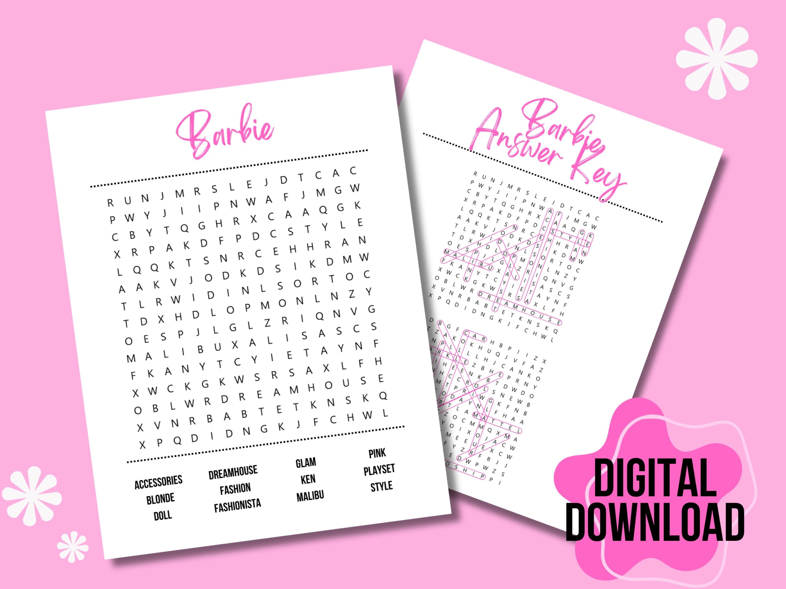 Barbie Word Search Puzzle Fun Activity For All Printable Pages With Answer Key Instant Download PDF Etsy