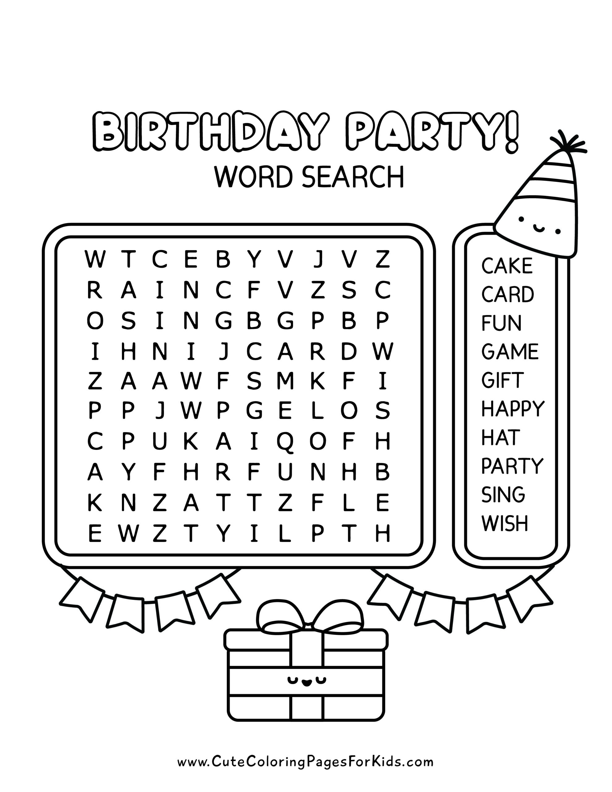 birthday party word search cute coloring pages for kids