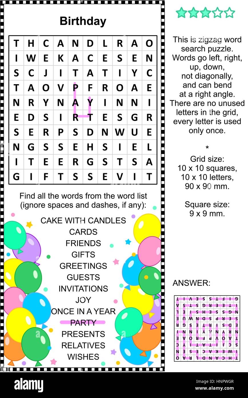 Birthday Themed Word Search Puzzle Answer Included Stock Vector Image Art Alamy