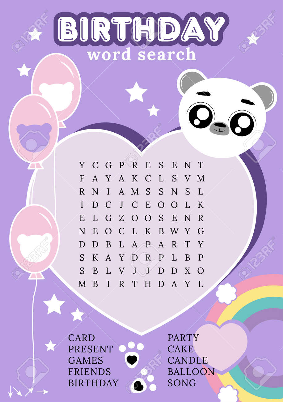 birthday word search puzzle printable trivia game for children crossword with cute kawaii bear colorful worksheet for learning english words fun party activities royalty free svg cliparts vectors and stock illustration image