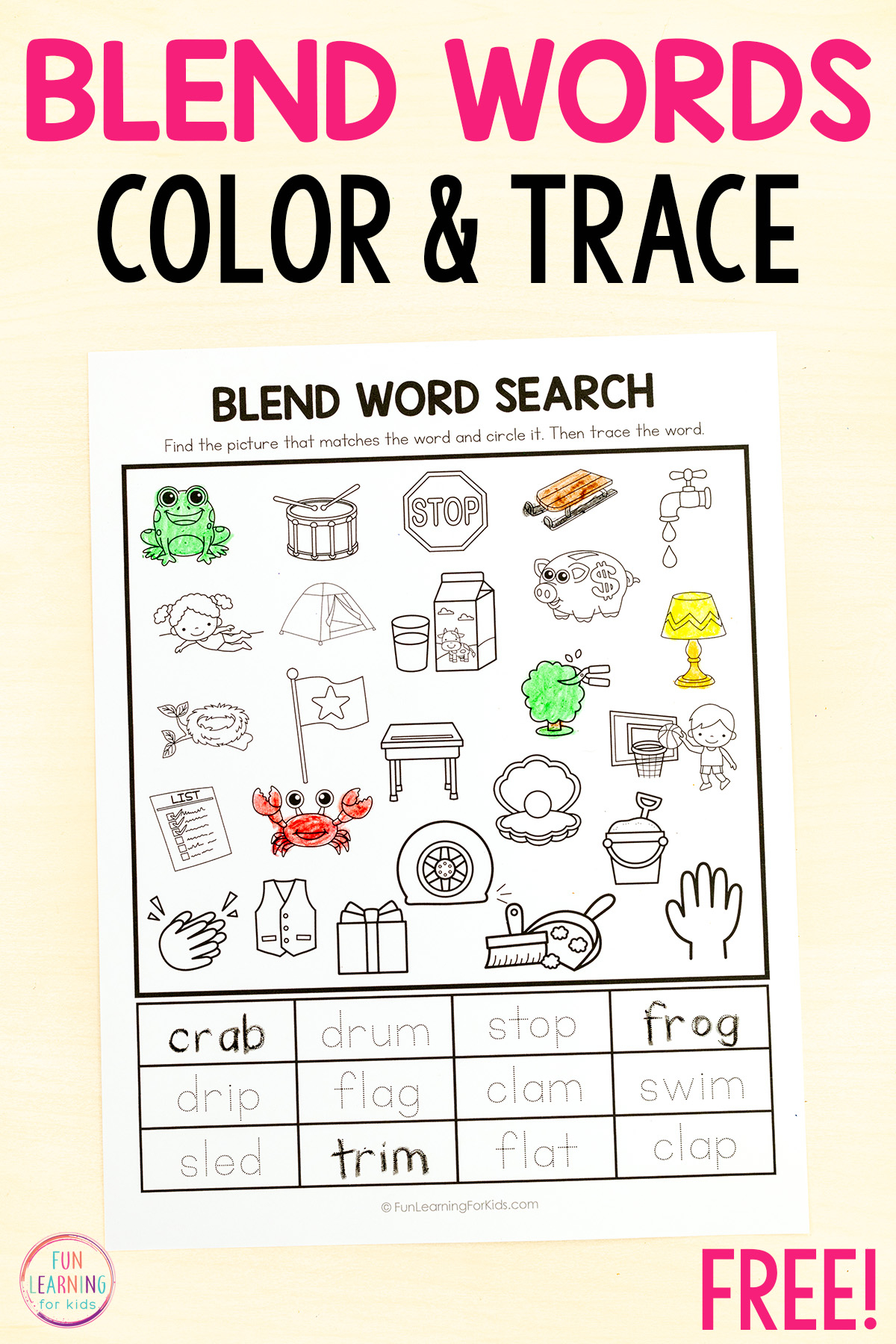 blend word search and trace sheets for reading practice