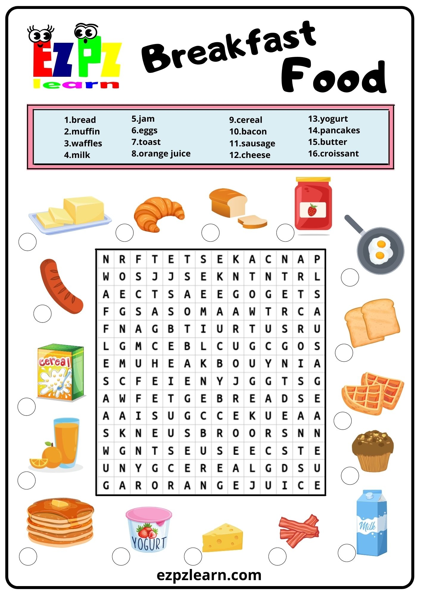 breakfast food word search 2 ezpzlearn