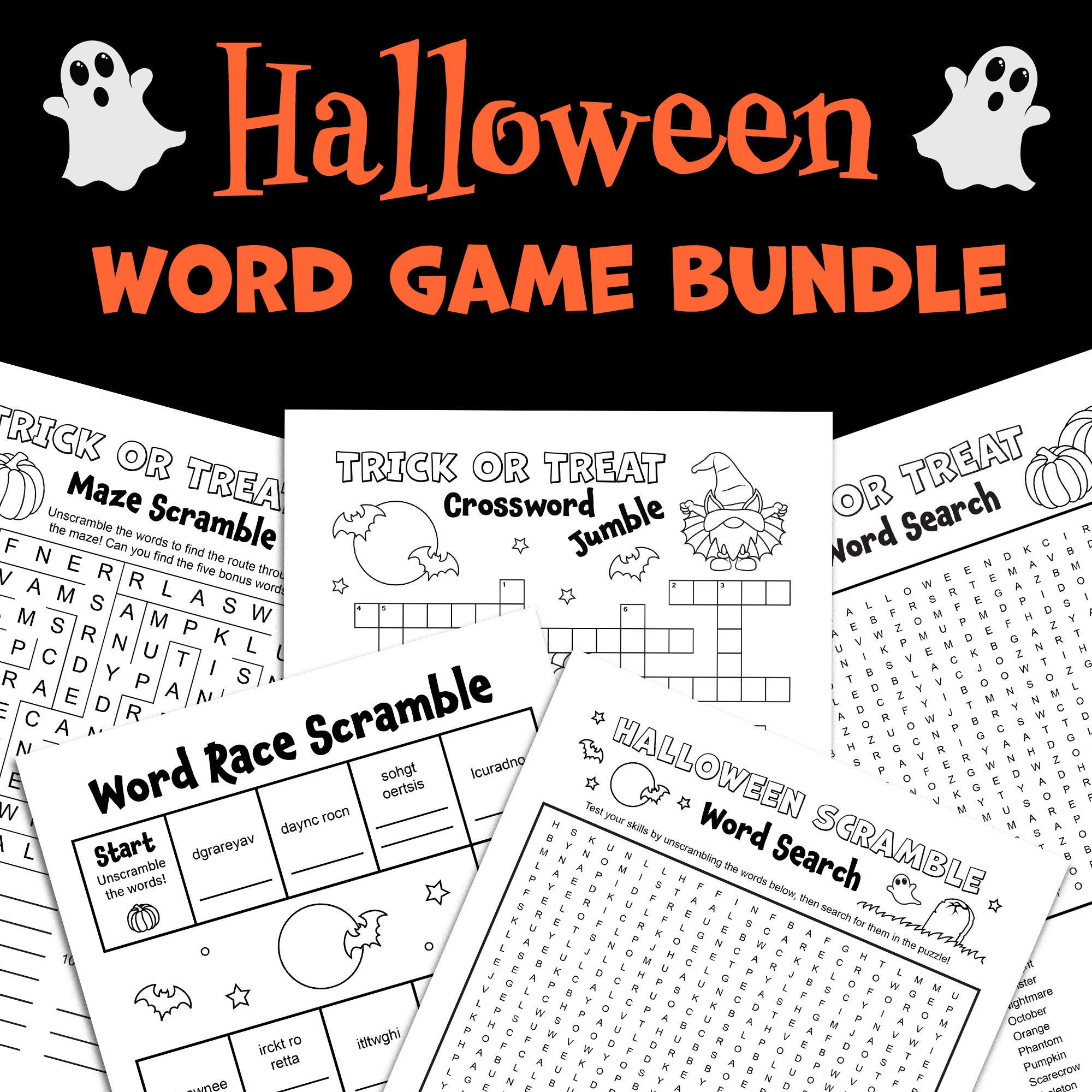BUNDLE Halloween Word Games Word Scramble October Activities Word Search Crossword Puzzle Maze Word Search Classful