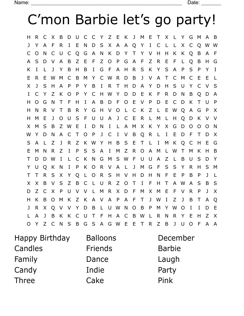C mon Barbie Let s Go Party Word Search WordMint