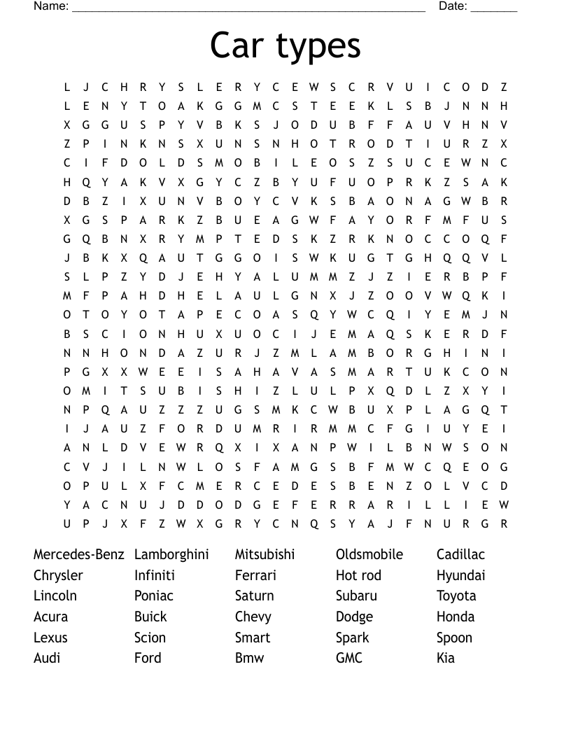 Car Types Word Search WordMint