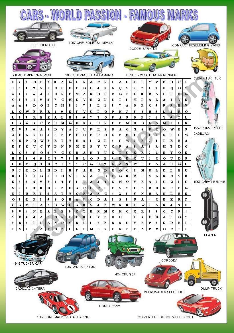 Word Search For Cars