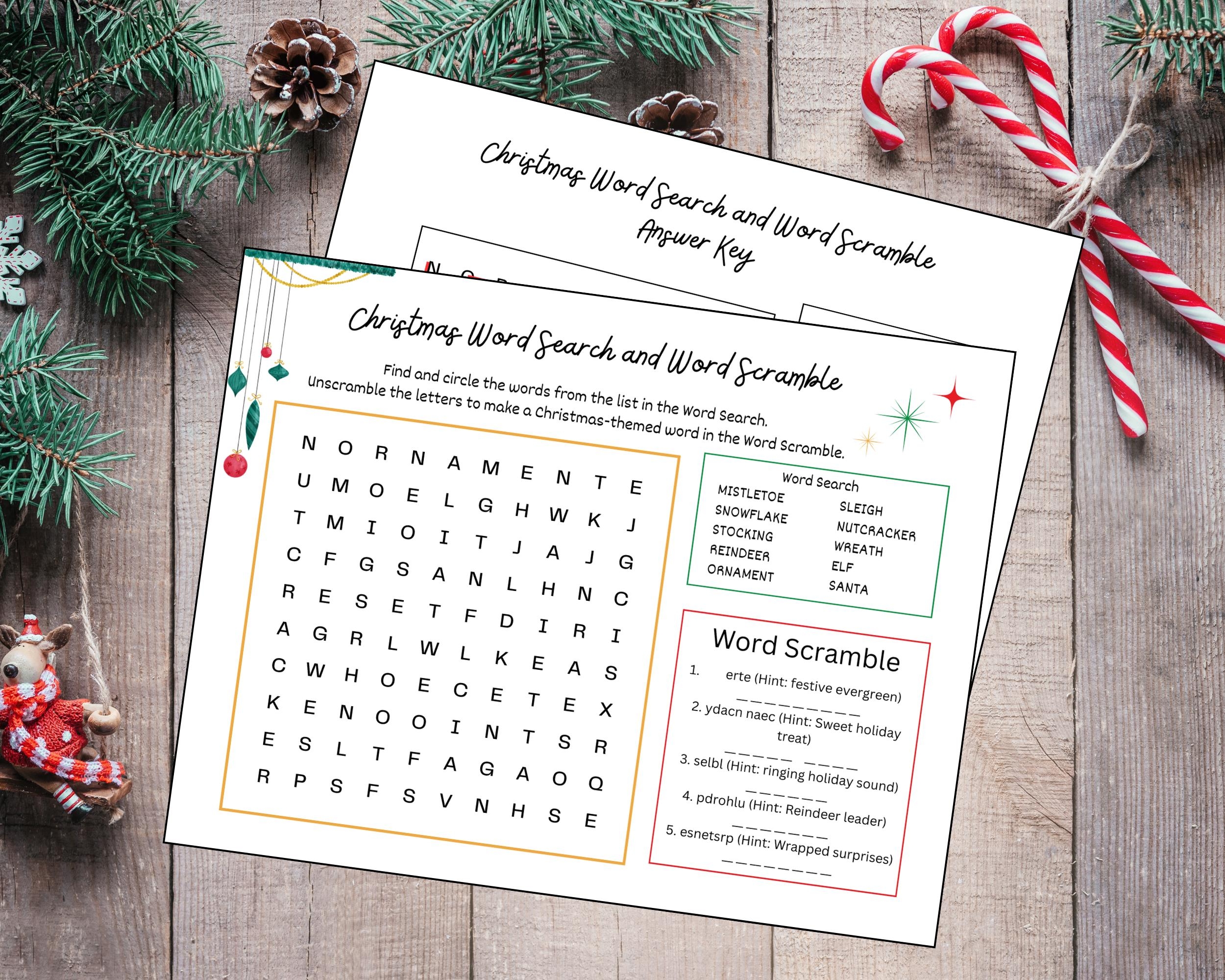 christmas word search and scramble printable activities worksheet etsy